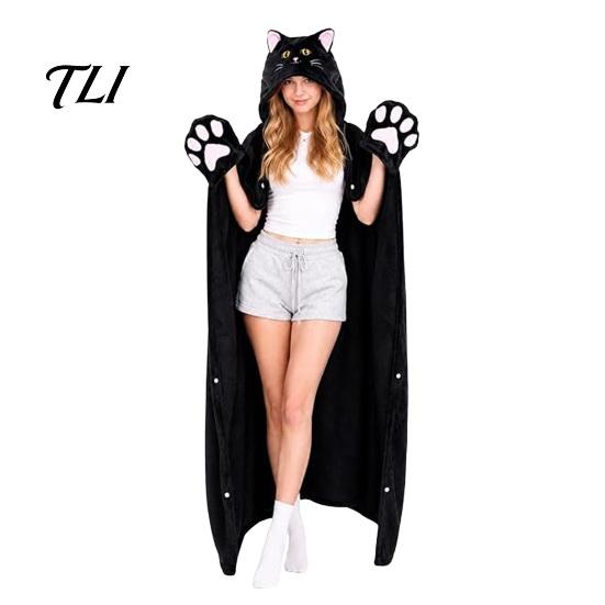 Morbido Plaid Abbracciabile Halloween Felpa Indossabile, Accogliente Mantello Mucca delle Highlands con Cappuccio, Caldo Accappatoio per Casa Bradipo Gatto Nero Mantello Loungewear Donna