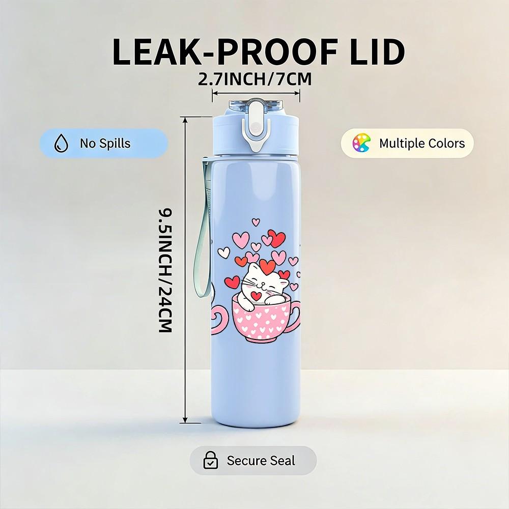 1PC Cute Tea Cup Cartoon Print 750ml Color Plastic Sports Water Bottle Leakproof Flip Straw Lid Suitable for Sports Office Home Use