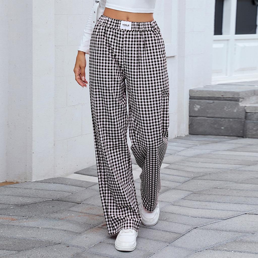Women's Fashionable Checkered Elastic Waistband Loose Pocket Casual Pants
