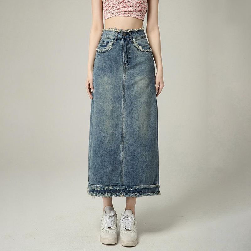 

Элегантная джинсовая юбка Женская винтажная юбка-бюстье из мешковины Sense, полуоблегающая юбка с высокой талией, А-силуэт, прикрывающая мясную часть, прямая, средней длины, модная джинсовая юбка-бюстье XXL джинсовый