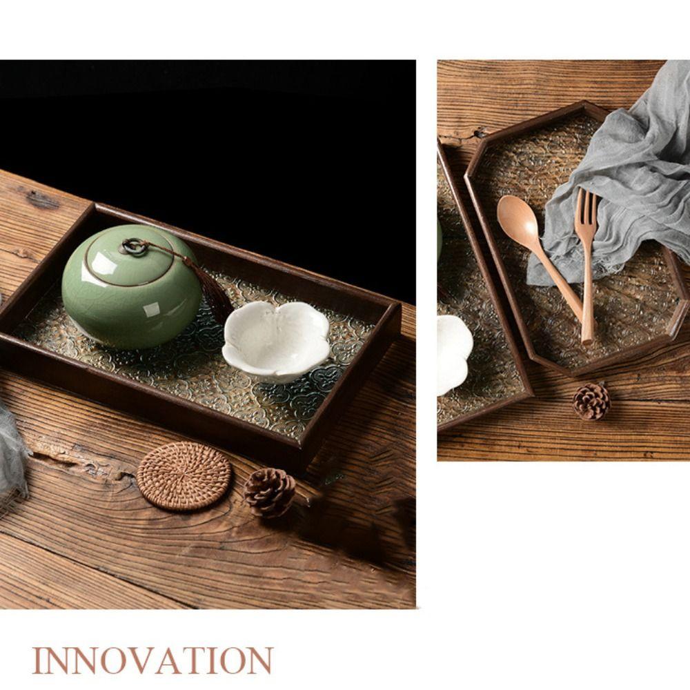 Simple Begonia Embossed Glass Tray Wooden Storage Display Plates Multi-Function Tea Tray  Desk