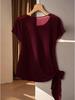Elegant Wine Red Chiffon Top with Waist Ruching and Short Sleeves