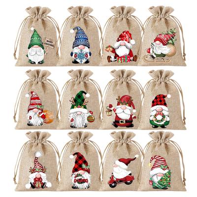 12 Peças Sacos de Linho de Natal Desenho Animado Papai Noel Boneco de Neve Doces Presentes Saco com Cordão para Festa de Natal Embalagem Bolsas de Armazenamento