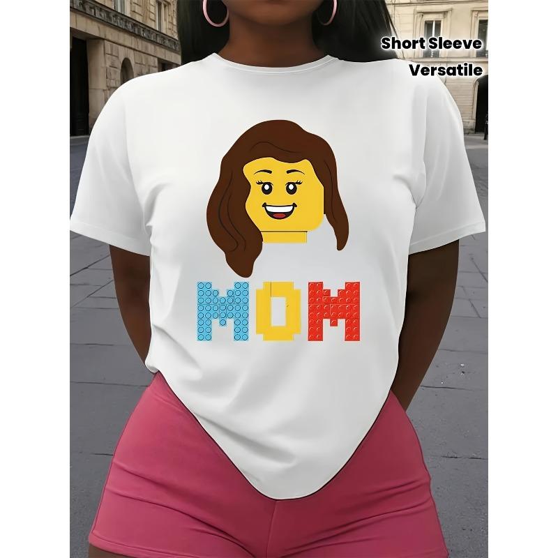 

European sizes Women s Black Casual T-Shirt - Building Block Inspired MOM Graphic with Female Portrait 4XL