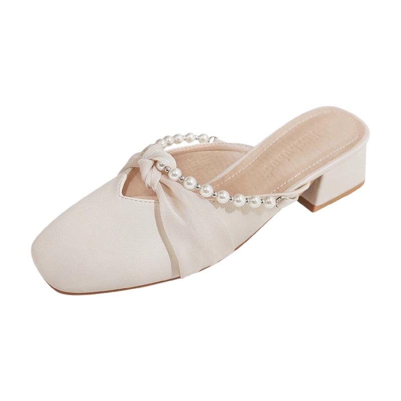 French Pearl Bowknot Women's Chunky Heel Slippers - 2025 Spring/Summer Collection