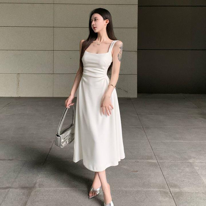 French white pleated thin suspender dress female summer celebrity temperament waist new Chinese A-shaped vest long dress