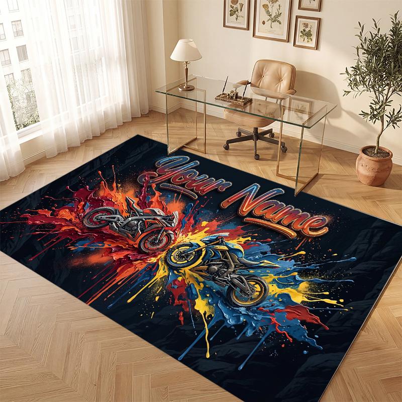 Motorcycle Biker Theme Soft Crystal Velvet Rug Custom Name & Text Print Non Slip Floor Rug for Bedroom Living Room