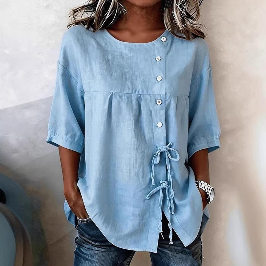 Fashionable Women's Shirt With Buttons, Round Neck, And Short Sleeves