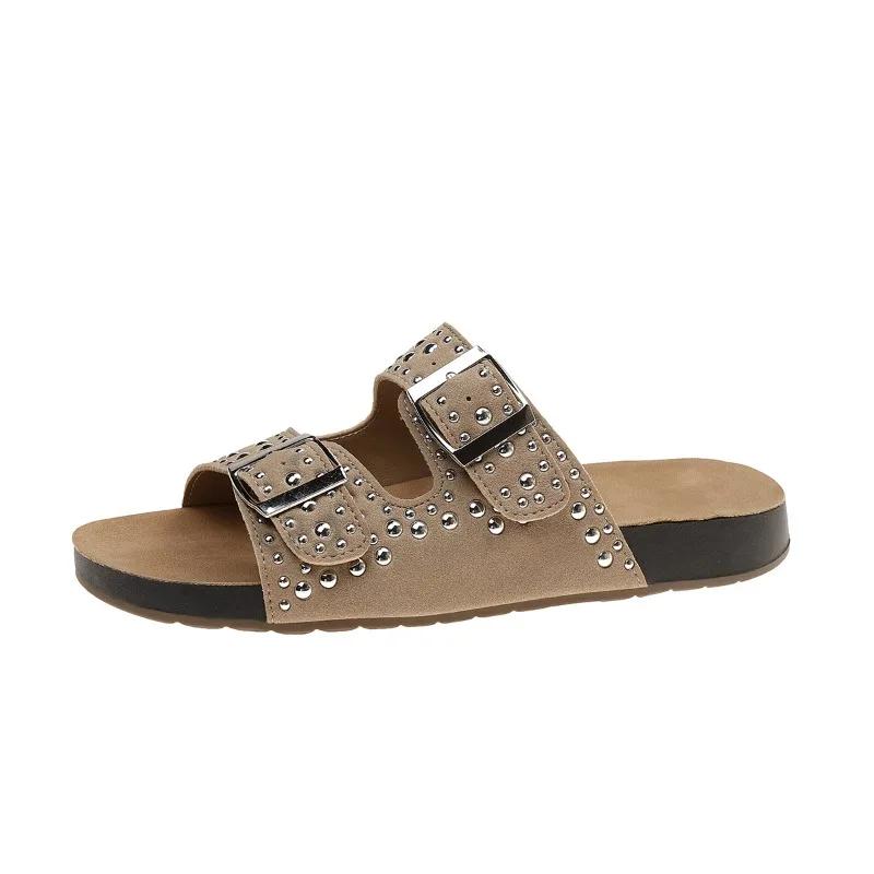 2025 Summer New Open Toe Women's Slippers Outdoor Platform rivet Buckle Flat with Sandals Hot Sale Daily Casual Slippers Zapatos