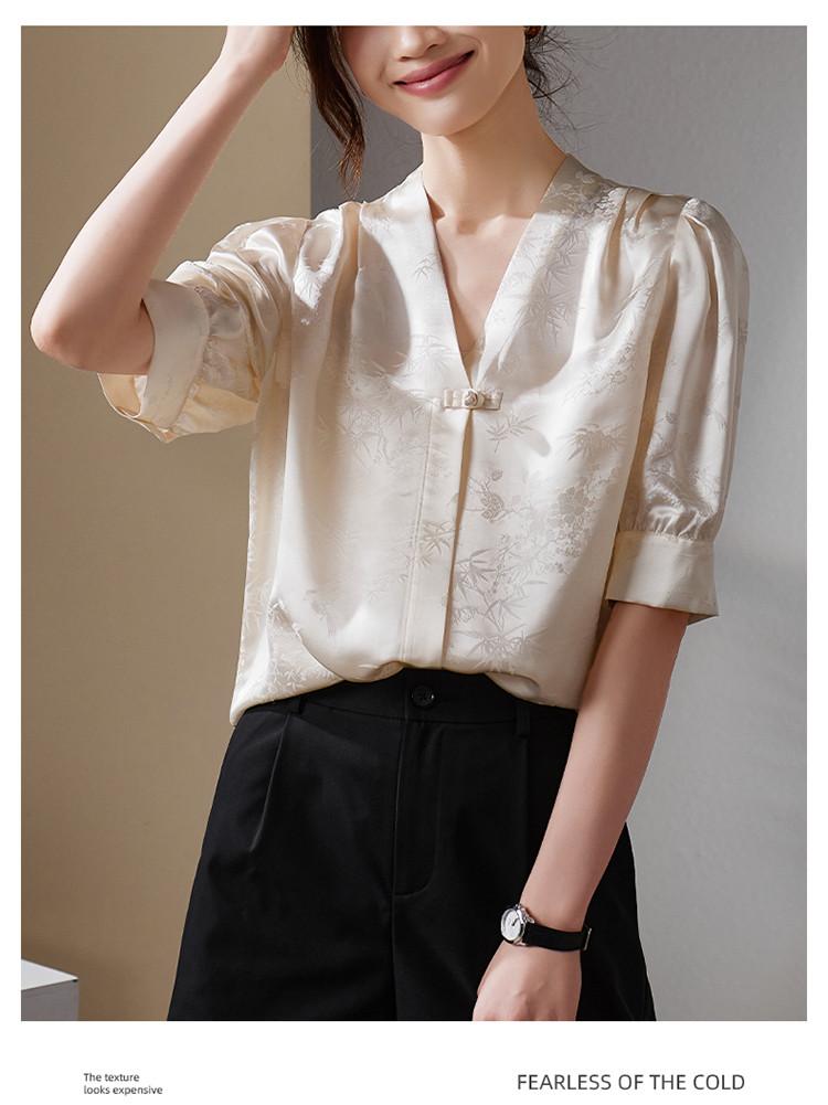 National Style New Chinese Jacquard Button Down Mulberry Silk Shirt for Women's 2026 Summer Temperament Versatile V-neck Small Shirt Top