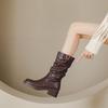Autumn/Winter Western Retro Women's Pleated Mid-Calf Boots with Thick Heels In Popular Style.