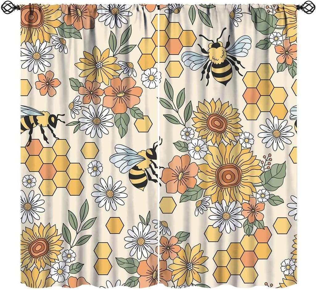 Bee Curtains Boy Girl Bedroom Spring Yellow Honeybee Inspirational Art Printed Window Drapes Living Room Curtain Light Blocking Polyester Ideal For