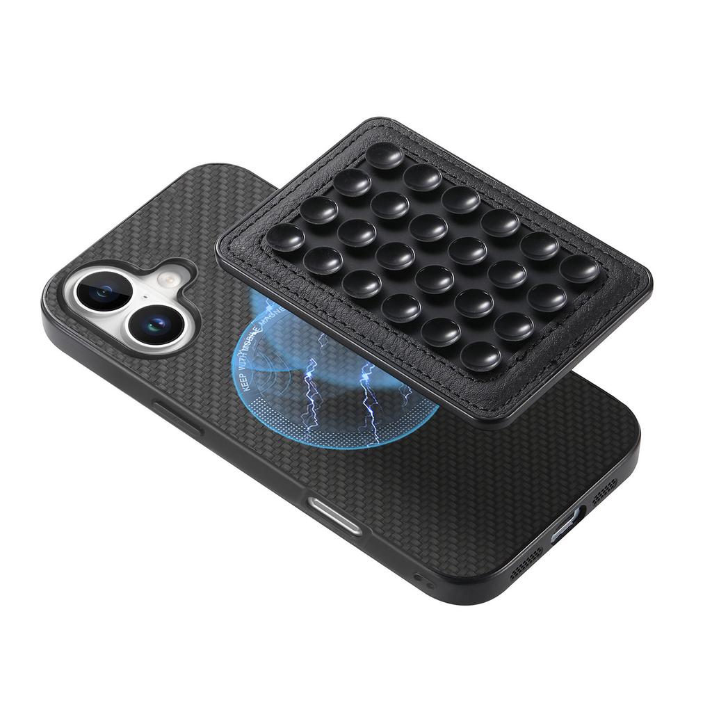 For iPhone 16 Plus Case Carbon Fiber Texture Leather Back Cover with Magnetic Detachable Suction Cup