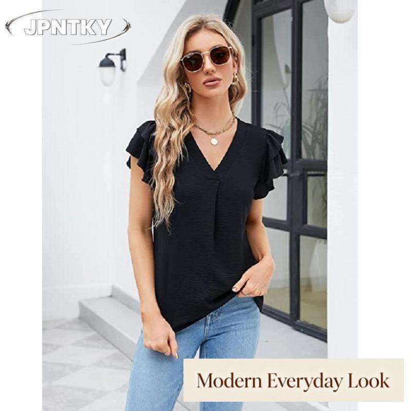 JPNTKY Women's Fashion Casual Short Sleeve V-Neck Blouses & Shirts
