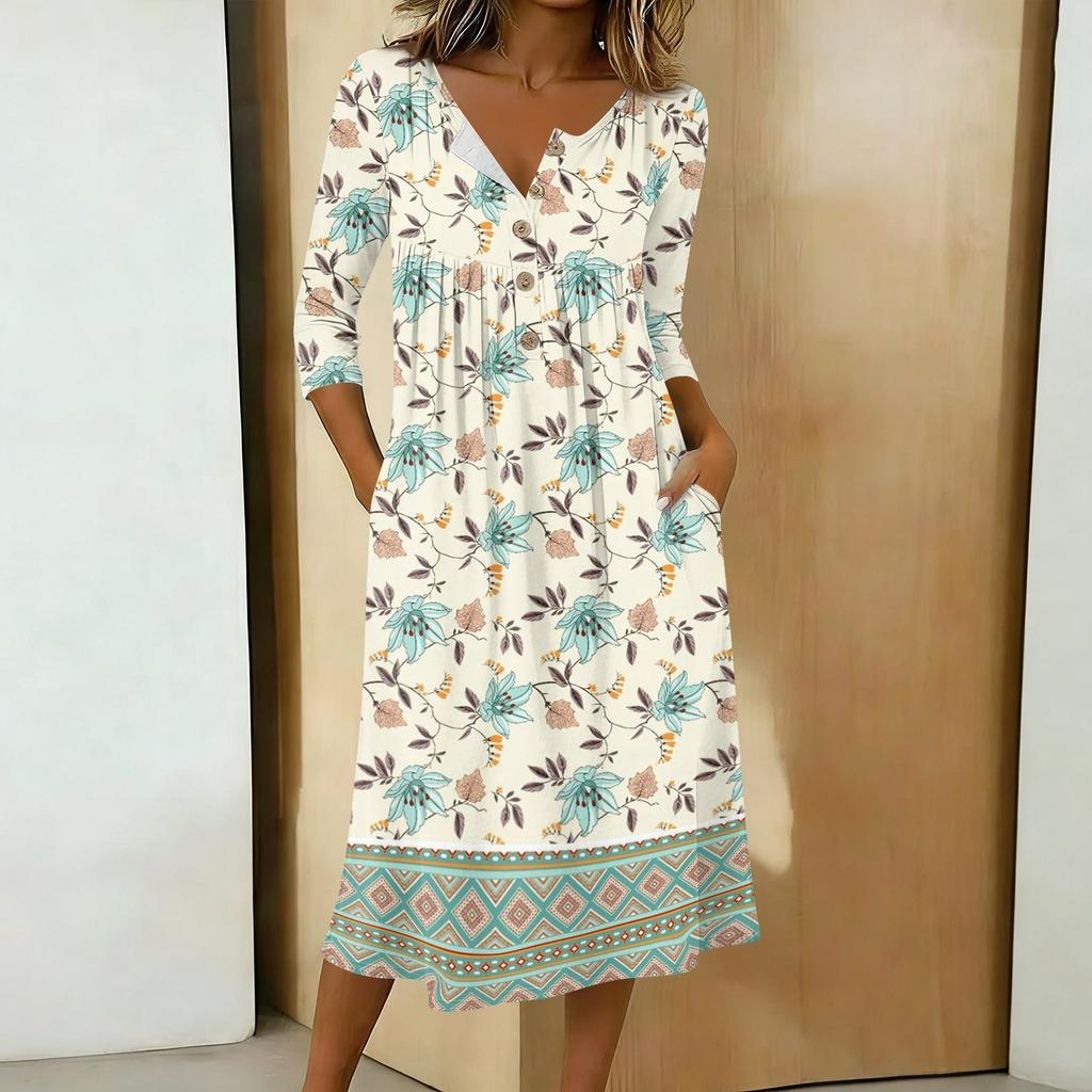 Modisches Damen-Midikleid mit Rundhalsausschnitt, 3/4-Ärmeln, Knopfleiste und farbenfrohem Print, lässig