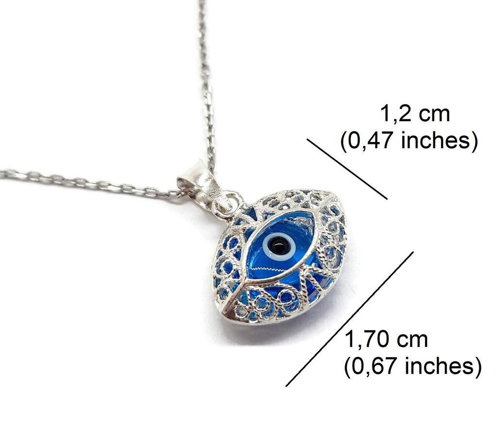 Mystic Jewels - 925 Sterling Silver Glass Evil Eye Drop Shape Filigree Pendant Silver Chain (Eye Shape), Glass, Not Applicable