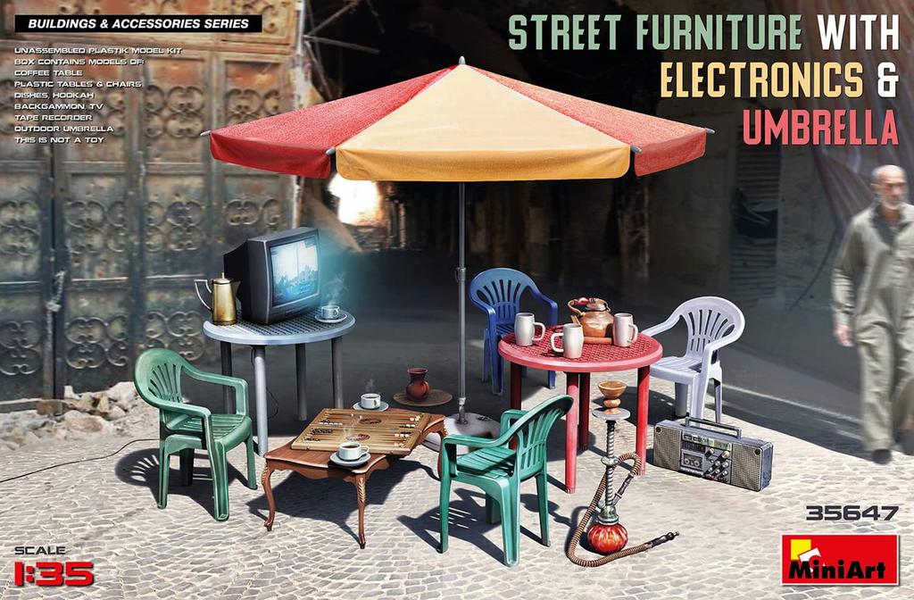 Miniart 1/35 Maßstab Kunststoffmodell MA35647: Straßenmöbel, Geräte und Sonnenschirme, Vorgefärbt