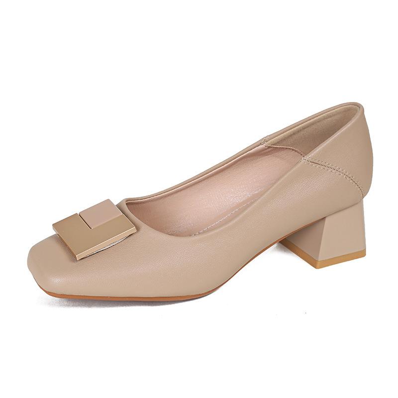 Lady single shoes women's shoes new popular retro commuter soft leather square head medium high heel grandma shoes