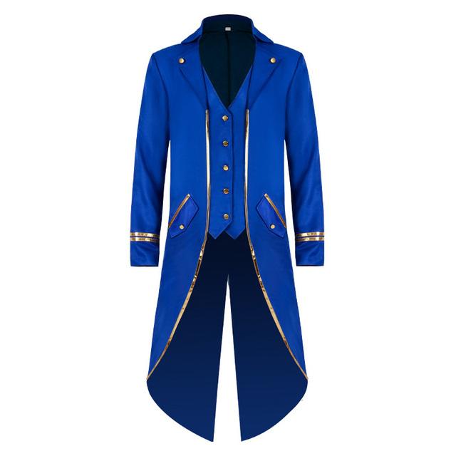 

Хэллоуинский смокинг мужской готическая куртка стимпанк фрачный сюртук длинное пальто костюм на Хэллоуин средневековый фрак золотая отделка приталенное пальто M синий