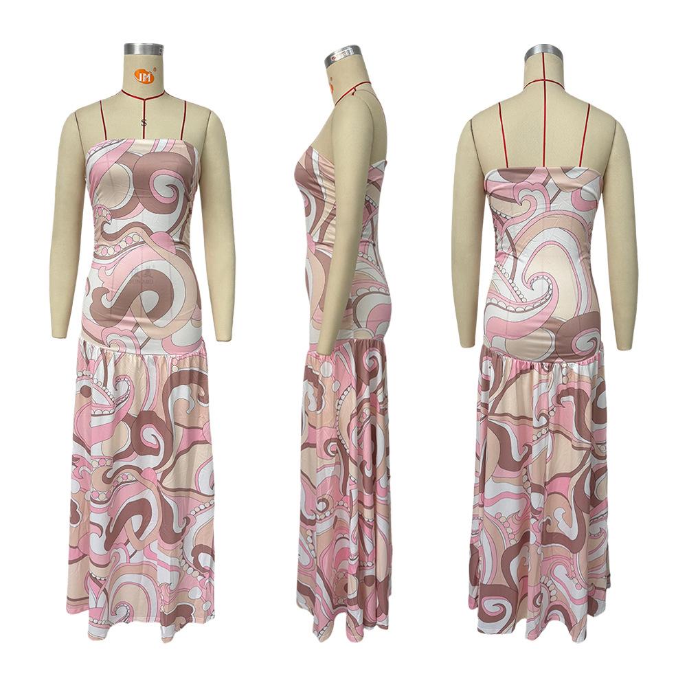 European and American Women's Printed Strapless Dress, Sleeveless, Slimming, and Fashionable for Women