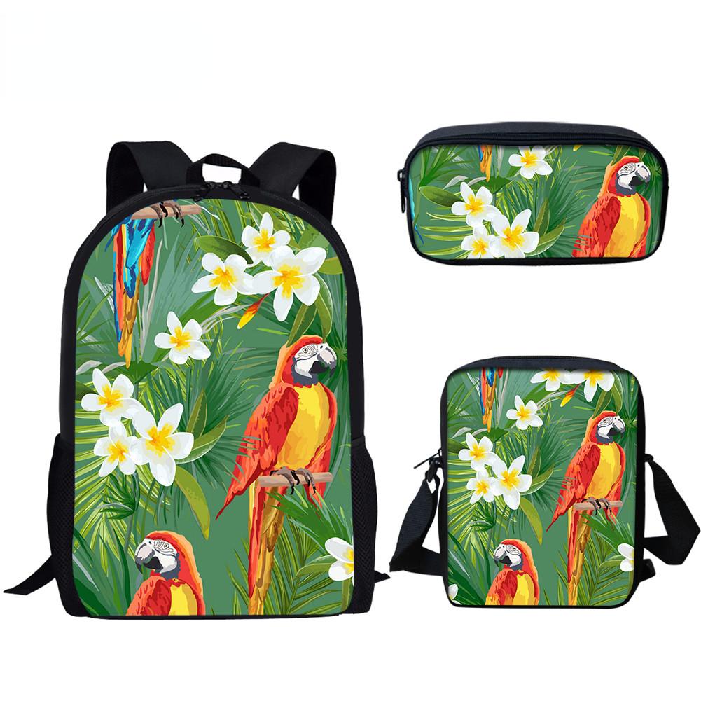 Classic Novelty Parrot Bird Pattern 3D Print 3pcs/Set School Bags Laptop Daypack Backpack Inclined Shoulder Bag Pencil Case