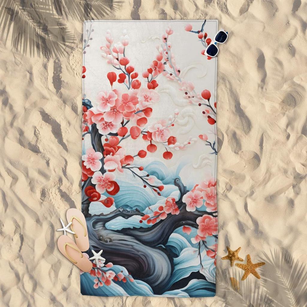 Artistic Plum Blossom Patterns Beach Towel Decor Quick Dry Pool Towel for Travel Swim Bath Camping Adults Kids Accessories