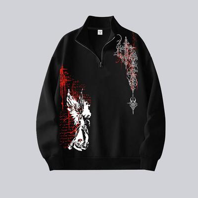Męska bluza z ćwierć zamkiem, długim rękawem, kołnierzem typu mock neck, unisex, Y2K, z gothicowym nadrukiem, vintage, topy