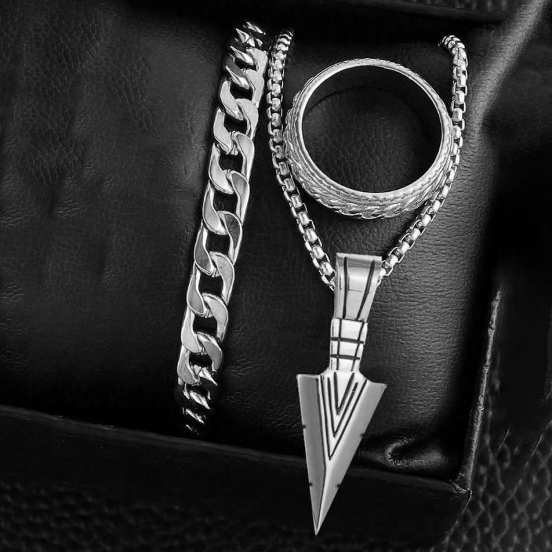 3pcs Set Men's Stainless Steel Metal Cross Pendant Chain Necklace Bracelet Ring Zircon Set Male Hip Hop Daily Wear Accessories