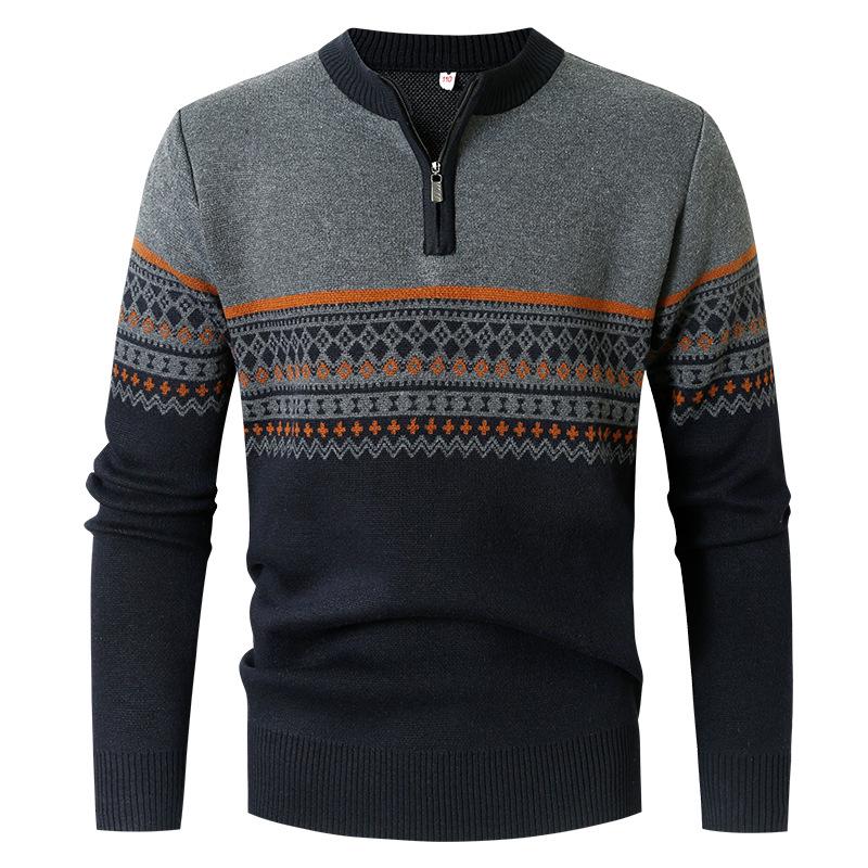 Herren Trendiger Gestreifter Strickpullover 2023: Rundhalsausschnitt, Halbreißverschluss, Lockere Passform.