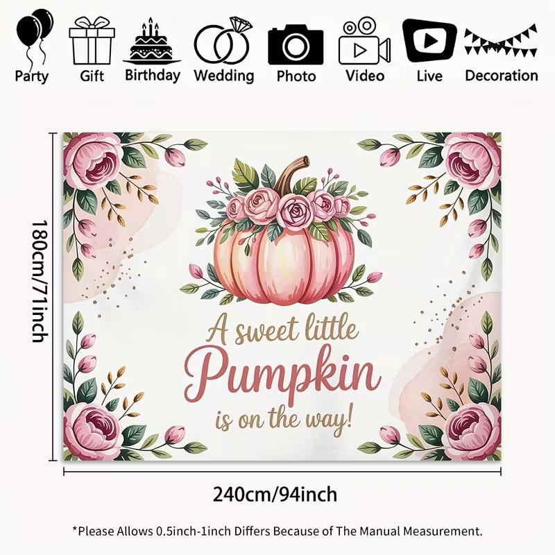2D Floral Pumpkin Baby Shower Backdrop, Watercolor Pink Rose Pumpkin Party