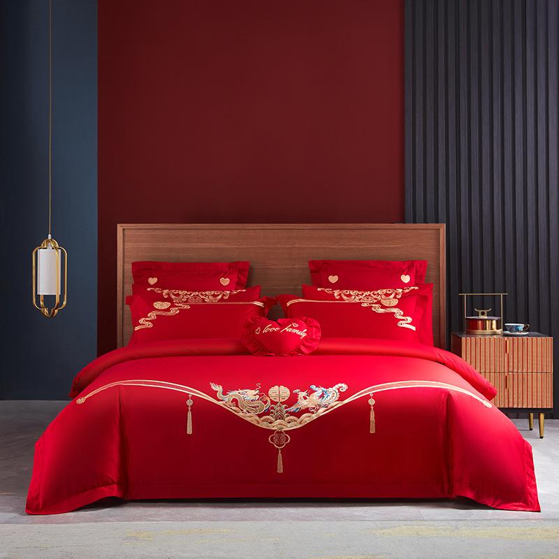 Haft ślubny czteroczęściowy zestaw, czerwona pościel weselna, kołdra weselna, pościel dla nowożeńców, ślubny różowy jadeitowy zestaw sześcioczęściowy