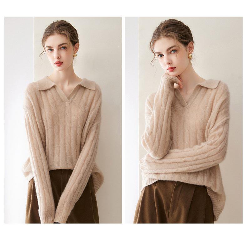 Women's Cashmere Cable Knit Sweater - New Lapel Style, Loose Fit, Autumn/Winter Versatile Top in Pink, Purple, and Light Blue.