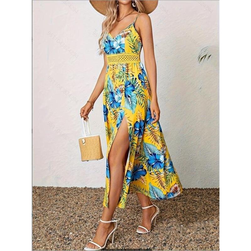 Summer European And American Style Ladies New Holiday Style Elegant Flower Print Dress Tight-fitting Waist Split Suspender Long Skirt