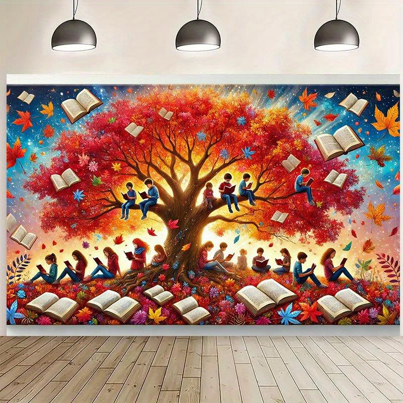 1 piece, reading on a tree, party banner, festive decorative polyester banner, wall room decoration tapestry