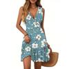 Women's Dress V-neck Sleeveless Casual Floral Print Hem Pleated Dress