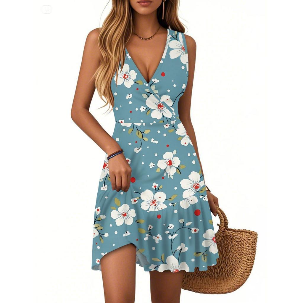 Women's Dress V-neck Sleeveless Casual Floral Print Hem Pleated Dress
