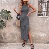 Summer Striped Round-neck Dress with Sleeveless Slit and Fitted Design - Long Dress with Backless Style