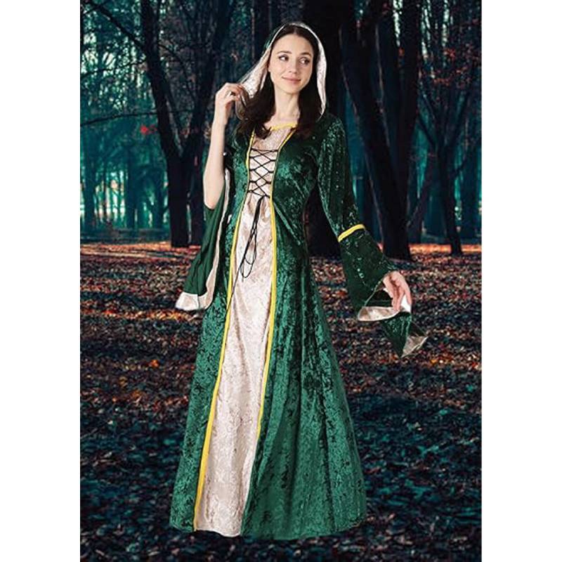 

Medieval Vintage Court Dress With Velvet Fabric And Puff Sleeves For Halloween Costume Enthusiasts S зелёный