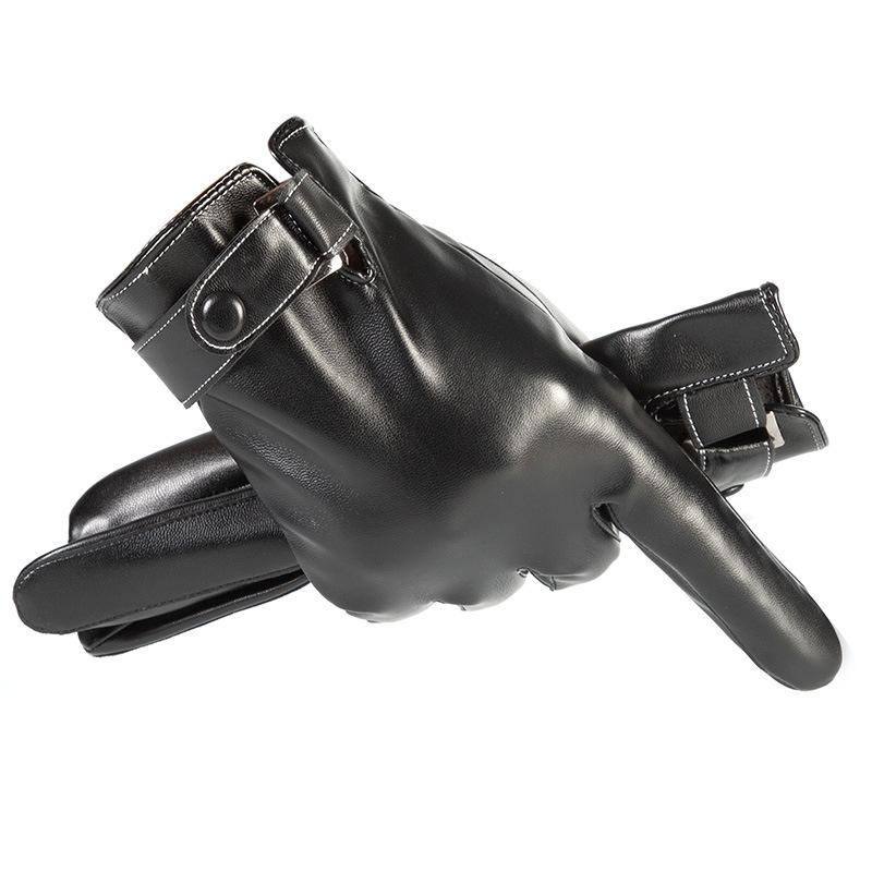 Warm Gloves for Men Three Line Plus Velvet Cold  Proof Gloves for Winter Outdoor Riding Full Finger PU Leather Touch Screen Winter Gloves