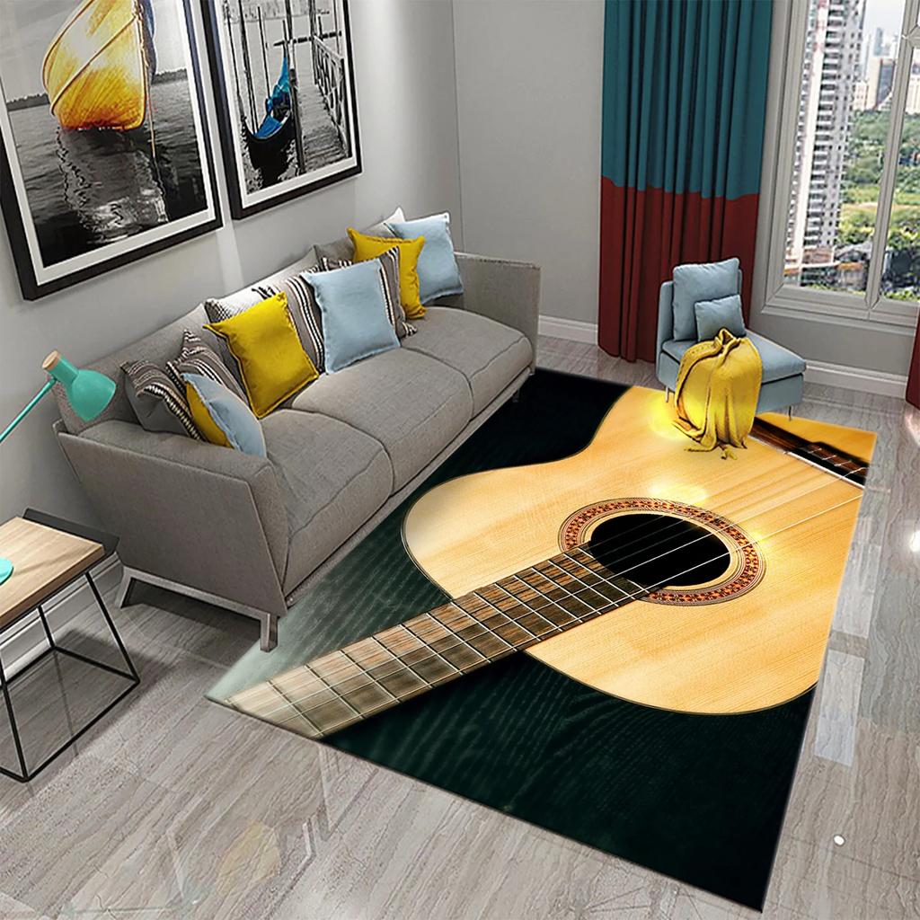 3D Water and Fire Guitar Carpet Music Enthusiast Carpets for Living Room Bedroom Decoration Kitchen Bathroom Non-slip Floor Mats