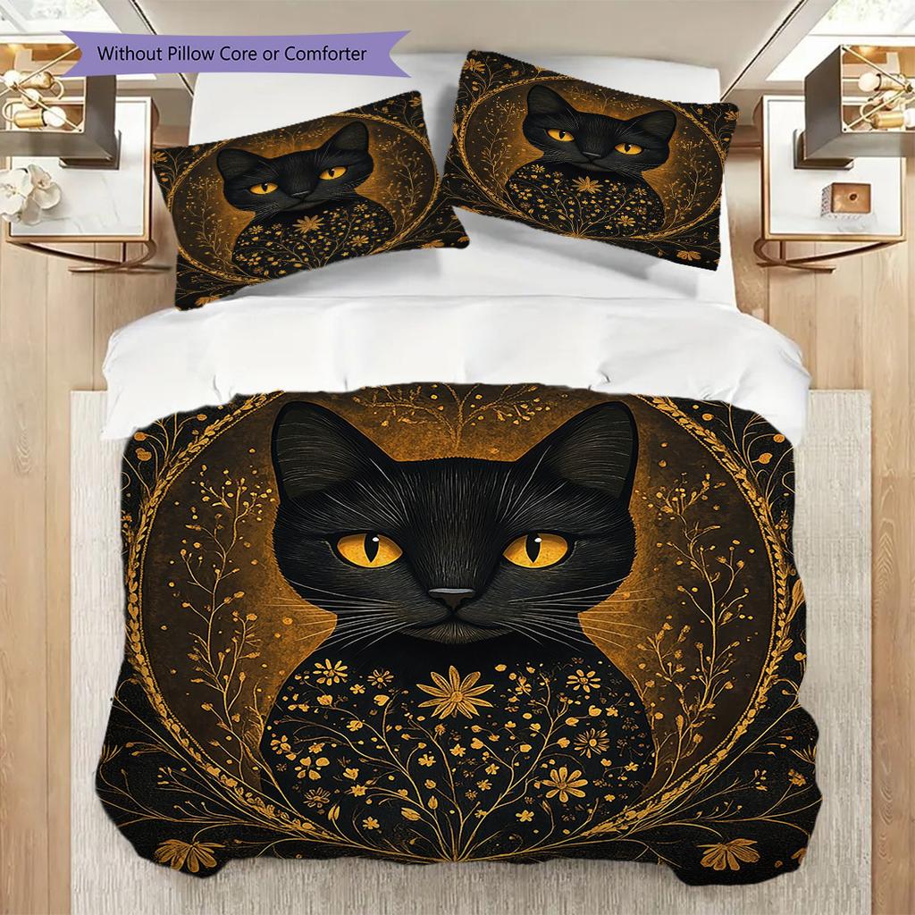 Black Cat Pattern Bedding Quilt Set Quilt Cover Pillowcase Home Decoration Birthday Gift (1 * Duvet Cover + 2 * Pillowcase, Without Core)