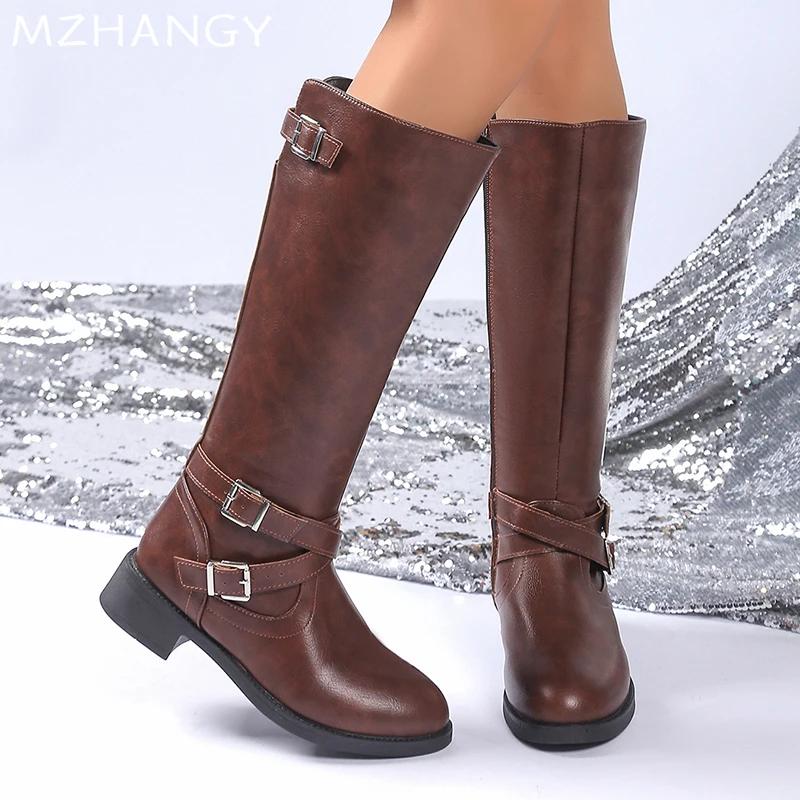Women Leather High Boots Fashion Knee High Shoes Woman 2025 Trend Winter Designer New Low Heels Motorcycle Boots Mujer Botas