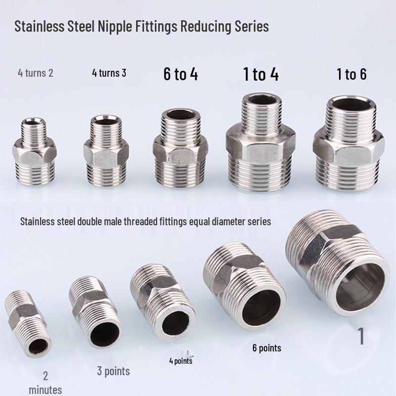304 Stainless Steel Double-Headed Hexagonal Eccentric Reducer, DN25, 1/2" to 3/4" Male Thread Straight Stud