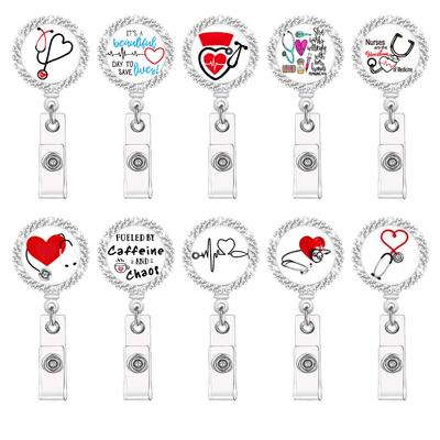 Nurse Badge Reel Retractable ID Badge Holder with Heartbeat Stethoscope Design Doctor Medical Hospital Office Gift Accessories