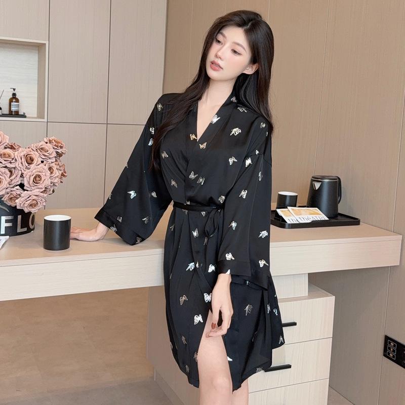 

Женский летний халат из ледяного шелка с принтом бабочек - Пижама-юката гостиничного типа с завязкой на талии XL