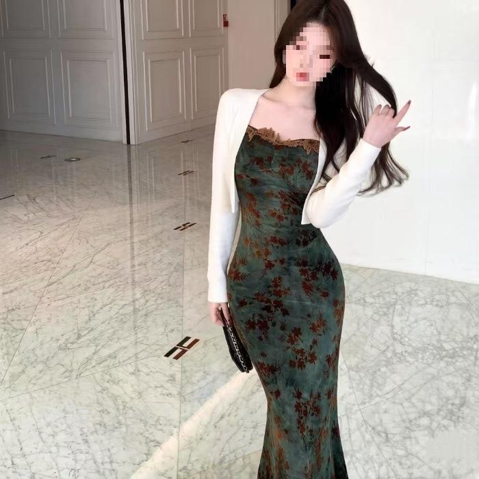 French elegant sleeveless floral dress, sexy Spice Girl slim-fitting waist and thin long dress, high-end temperament long dress