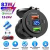 83W Zásuvka nabíječky do auta PD 30W Rychlé nabíjení Dvojitý USB+Type C Výstup Telefonní napájecí adaptér s voltmetrem pro motocykl, nákladní automobil, loď