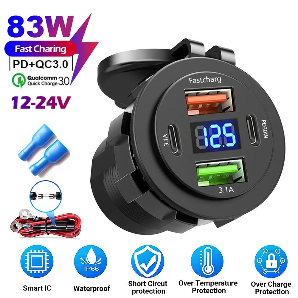 83W Zásuvka nabíječky do auta PD 30W Rychlé nabíjení Dvojitý USB+Type C Výstup Telefonní napájecí adaptér s voltmetrem pro motocykl, nákladní automobil, loď