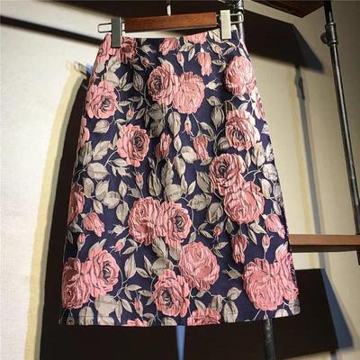 Dünner A-Linien-Rock für Damen, eleganter Damen-Rosendruck, hoher Taillenrock, knielang