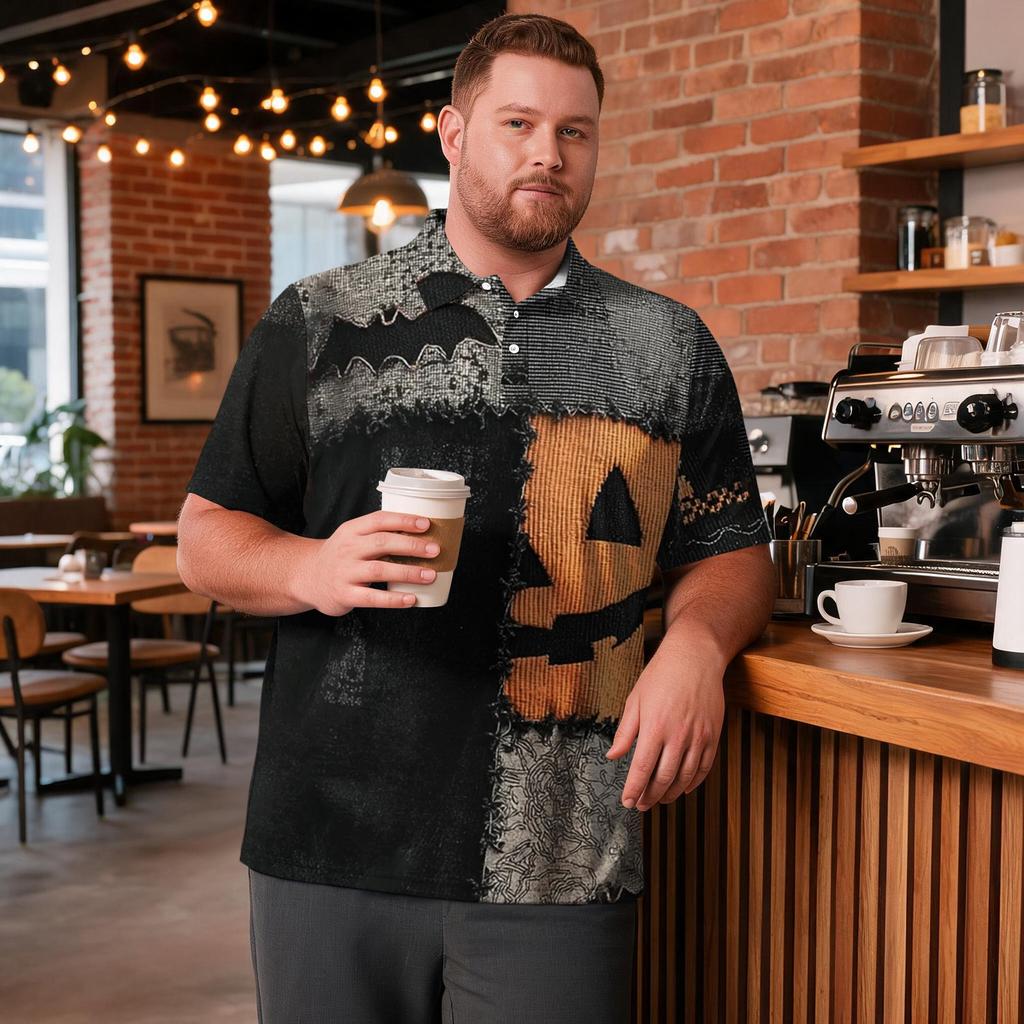Men's Plus Size Halloween Print Golf Polo Shirt Breathable Short Sleeve Casual Workwear Top with Button Collar